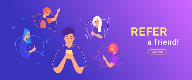 Refer a friend gradient vector illustration of happy teenage man using smartphone to invite his friends for community or social media. young teenagers in the speech bubbles gesturing and happy to join