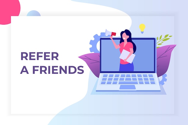 Refer a friend, referral network marketing.   recommend to  friend. share referral code  women shout on megaphone.