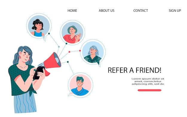 Refer a friend website banner with people recommend goods cartoon vector illustration