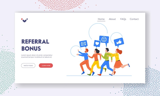 Referral Bonus Landing Page Template Group of People Hurry to Join Affliate Program Characters Refer Friends