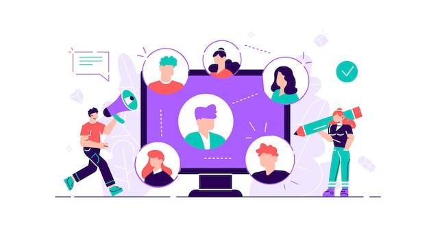 Referral concept. Marketing consumer audience communication service for influencer advertising. Products promotion persons. New customers word of mouth engagement method. Flat tiny  illustrati