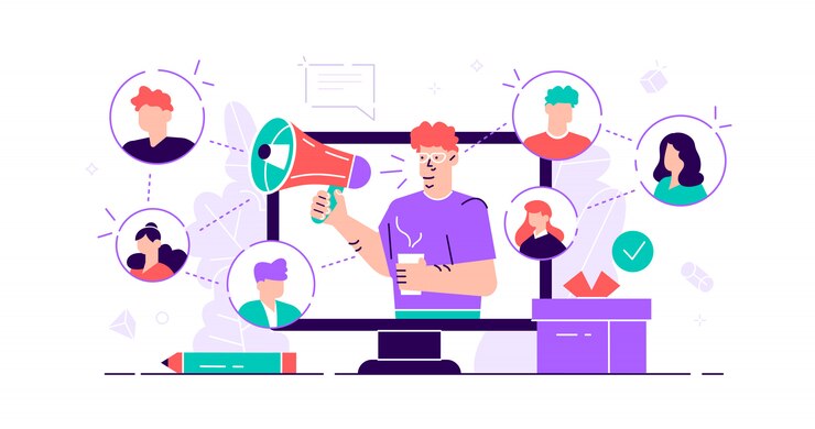 Vector referral concept. marketing consumer audience communication service for influencer advertising. products promotion persons. new customers word of mouth engagement method. flat tiny  illustration