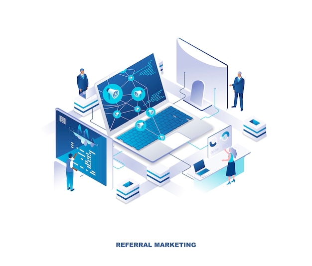 Referral marketing, customer loyalty program isometric concept