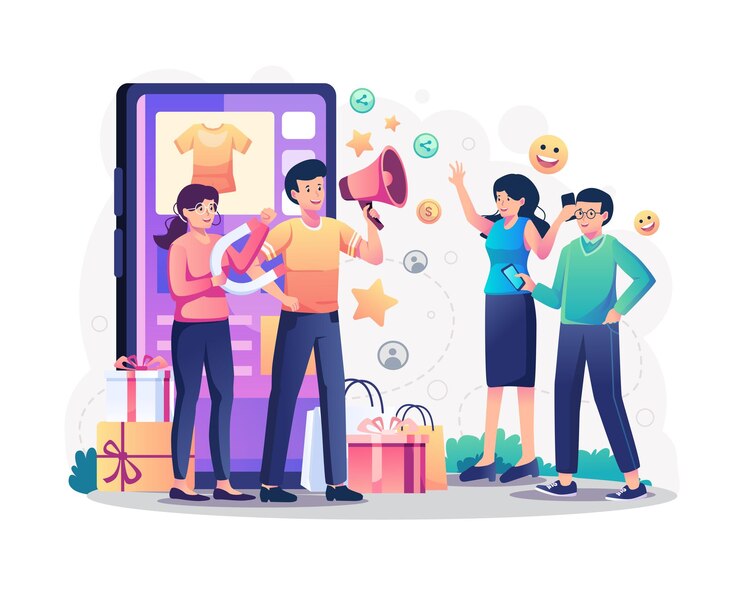 Vector 판촉을 하는 확성기를 들고 있는 사람들과 함께 추천 마케팅 또는 온라인 상점 홍보