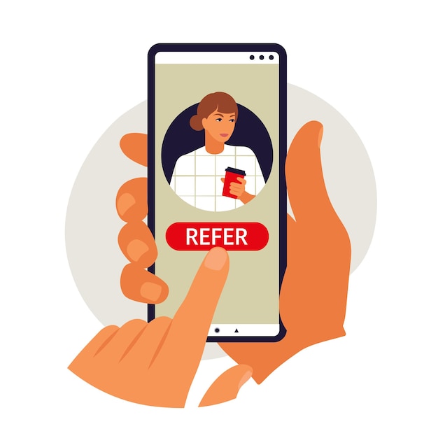 Referral program concept. hand holding phone. vector illustration. flat