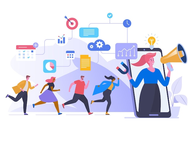 Vector referral program flat vector illustration. people running to smartphone, woman shouting in megaphone cartoon characters. viral advertising, goods promotion. word of mouth network concept