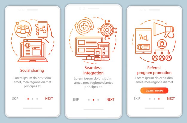 Elementi chiave del programma di riferimento onboarding schermata della pagina dell'app mobile con concetti lineari tre passaggi guidati istruzioni grafiche attrazione del cliente ux ui gui modello vettoriale con illustrazioni