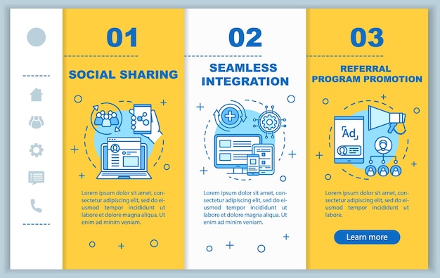 モバイルウェブページのベクターテンプレートをオンボーディングする紹介プログラムの主要項目