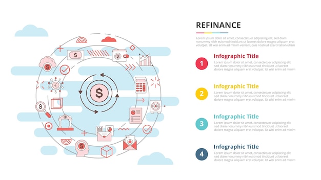 Концепция рефинансирования баннера инфографического шаблона с информацией из четырех пунктов списка