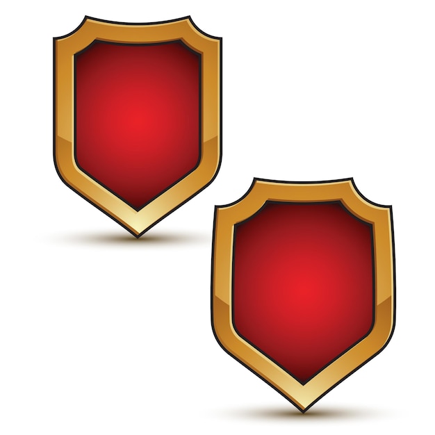 Refined vector red shield shape emblems with golden borders, 3d polygonal design elements, clear eps 8.