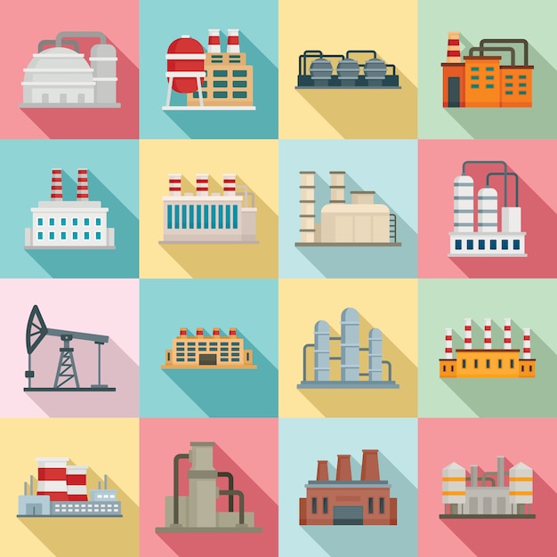 Refinery plant icons set, flat style