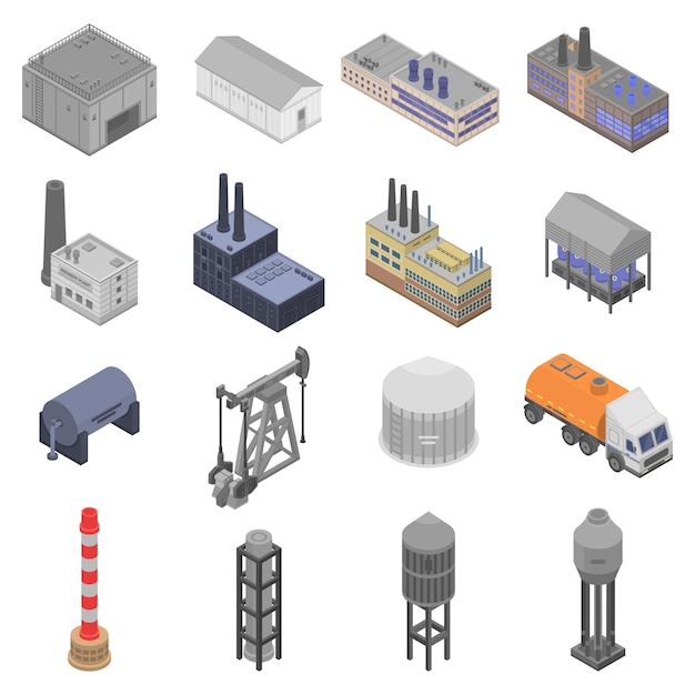 Vector refinery plant icons set, isometric style