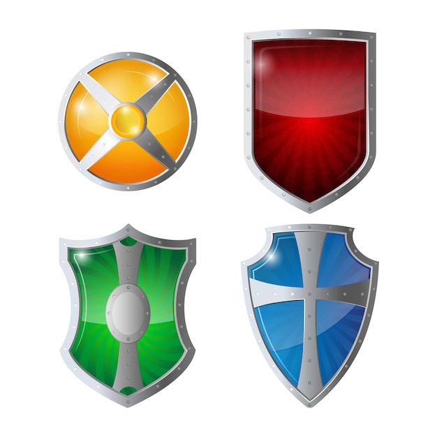 Vector reflection glossy green, orange, blue, yellow red shields with emblems. set of shields protection, web security, antivirus logotype concept. safeguard policy defence   illustration