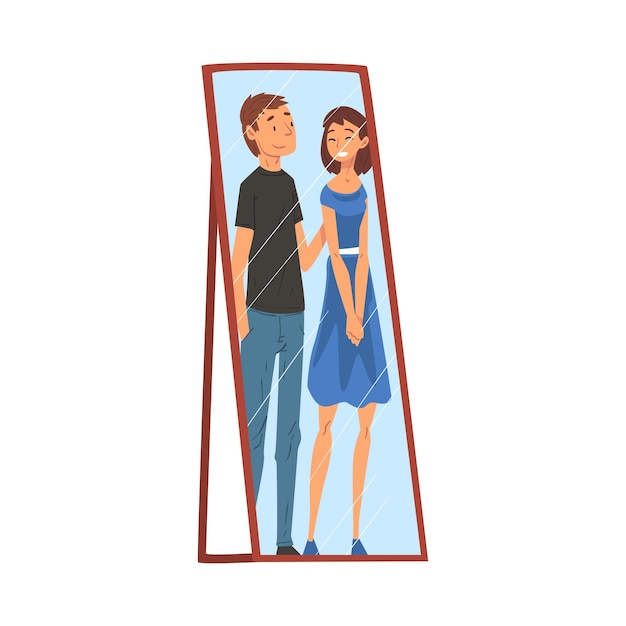 Reflection of happy loving couple in the mirror alter ego vector illustration