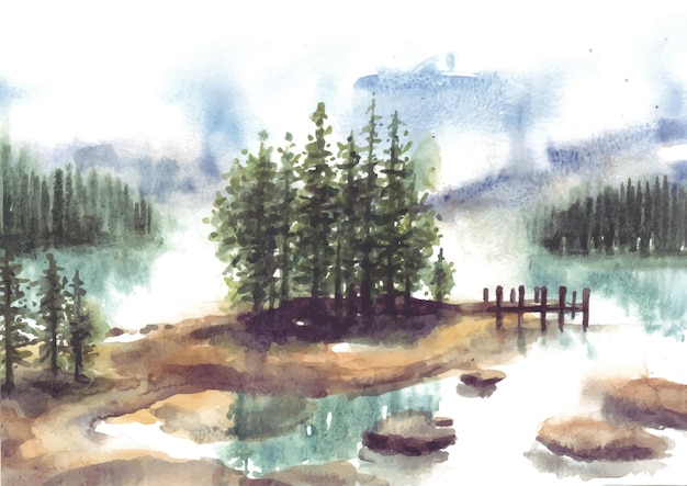 Reflection of pine trees in lake watercolor