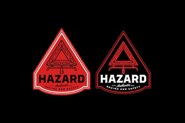 Reflective warning triangle retro badge logo design template for auto garage and traffic sign