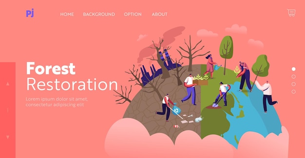 Reforestation and revegetation landing page template. characters pick up trash, planting trees into soil in garden, save world, earth day, nature and ecology. cartoon people vector illustration