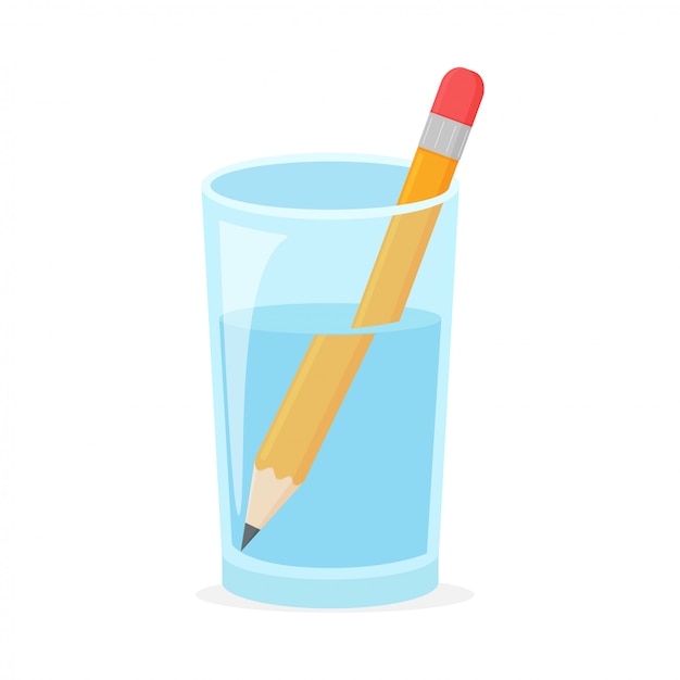 Refraction concept with wooden pencil in a glass of water