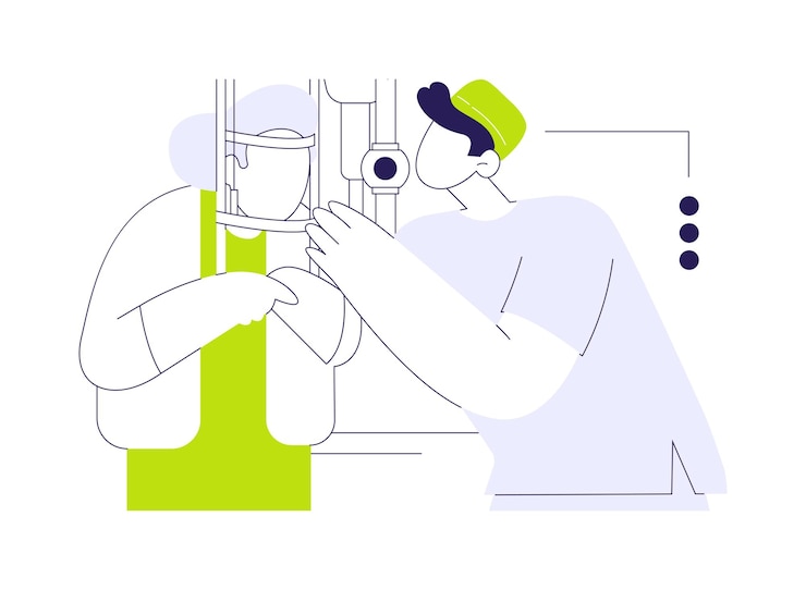 Vector refraction test abstract concept vector illustration senior woman having refraction test in clinic