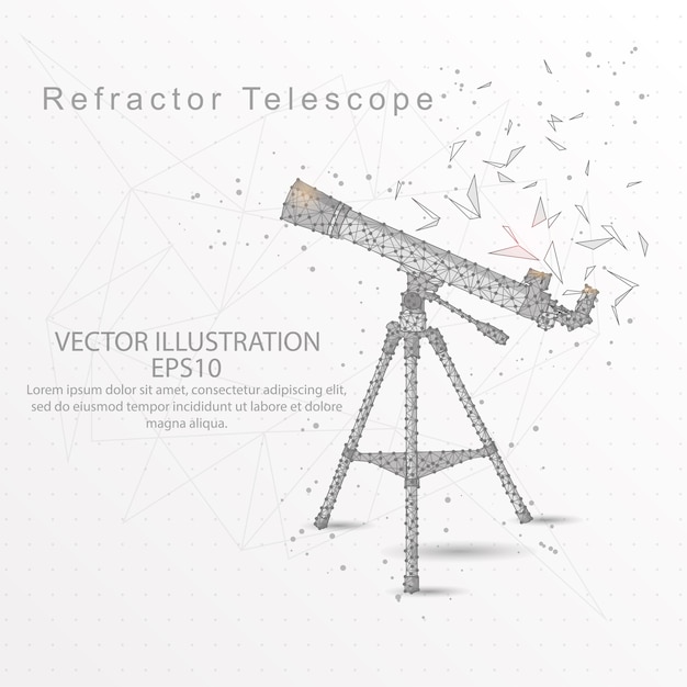 Vector refractor telescope low poly wire frame on white background.