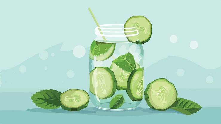 Vector refreshing cucumber mint infused water on light blue background