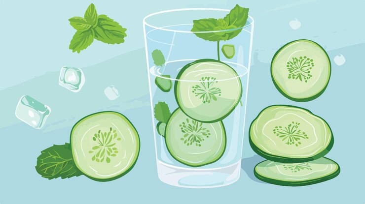 Vector refreshing cucumber mint infused water on light blue background