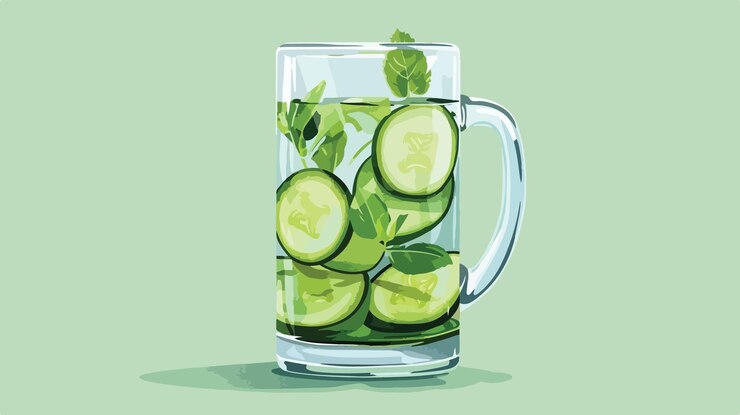 Vector refreshing cucumber water in glass mug for healthy drink cartoon