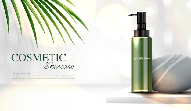 Cosmetici rinfrescanti al tè verde o annunci di prodotti per la cura della pelle con banner pubblicitari per bottiglie per prodotti di bellezza