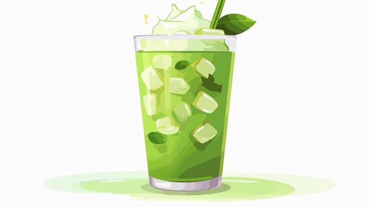 Vector refreshing green tea pouring into iced matcha cup