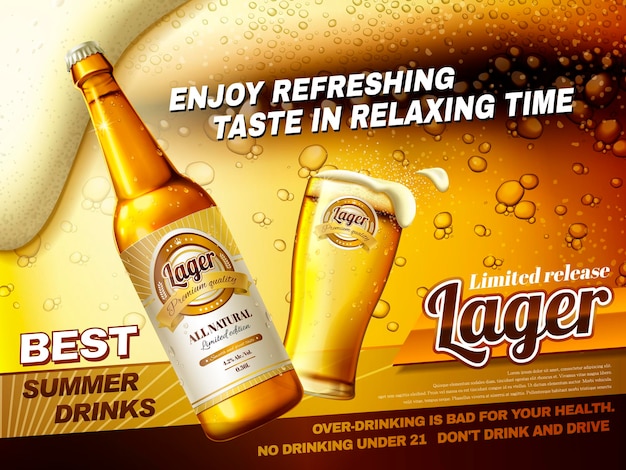 상쾌한 라거 맥주 광고, 유리 맥주 컵과 3d 그림에서 탄산 맥주 표면에 고립 된 병 최고의 여름 음료 광고