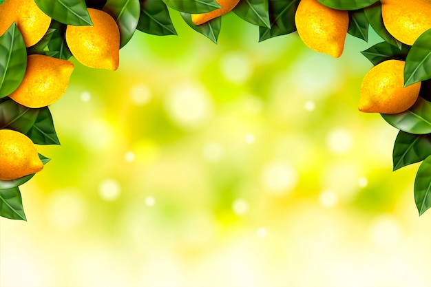 Vettore cornice rinfrescante di frutteto di limone con bokeh scintillante sfondo verde nell'illustrazione