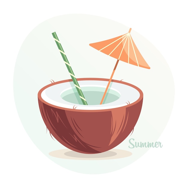 Refreshing milkshake half a coconut a straw and a cocktail umbrella on a gentle background