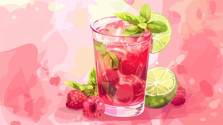 Vector refreshing raspberry mojito in glass on pink background