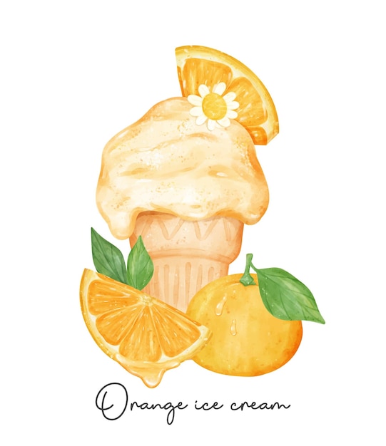 Vector refreshment homemade orange ice cream waffel cone with fruits composition watercolour illustration vector banner isolated on white background