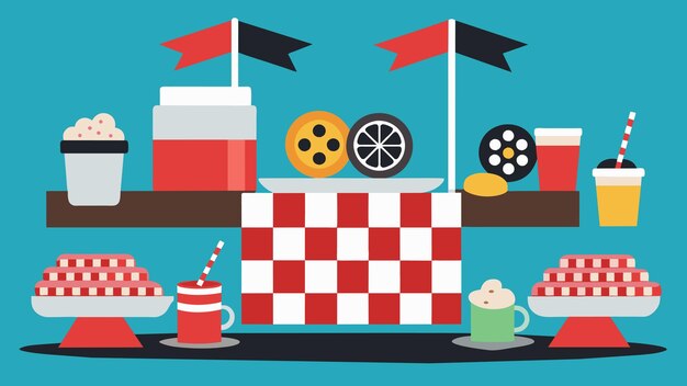 Vector a refreshment table decorated with checkered flags and serving up treats like spokepops and tire