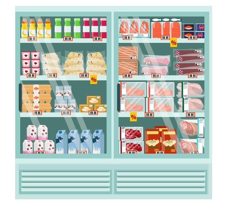 Vector refrigerated display case with dairy meat fish products poultry shelves with goods discounts