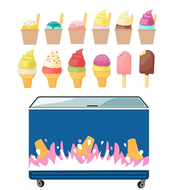 Vector refrigeration equipment for ice cream for supermarkets cafes an assortment of various ice cream