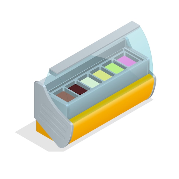 Refrigeration equipment for ice cream for supermarkets, shops, cafes and restaurants. flat 3d isometric illustration