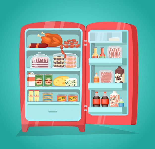 Refrigerator full of food in flat style