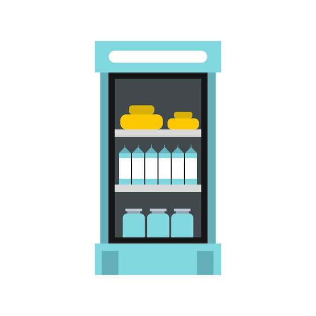 Vettore frigorifero con prodotti nell'icona del negozio in stile piatto isolato su sfondo bianco simbolo di archiviazione