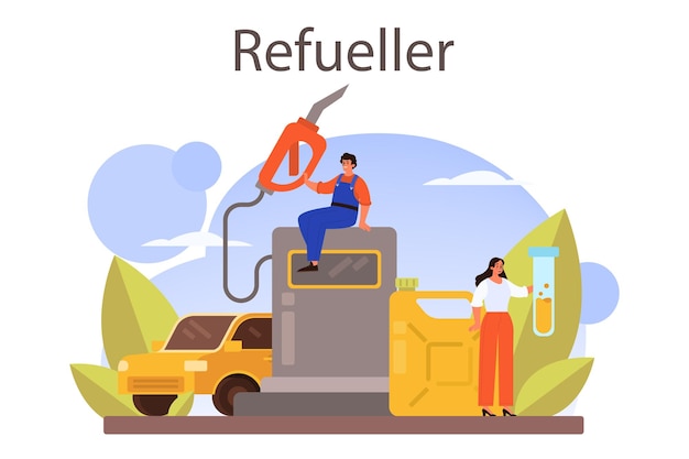 Refueler concept Gas station worker in uniform working with a filling gun Man pouring fuel into car in petroleum station Isolated vector illustration