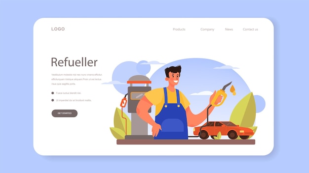 Refueler web banner or landing page. Gas station worker in uniform working with a filling gun. Man pouring fuel into car in petroleum station. Isolated vector illustration