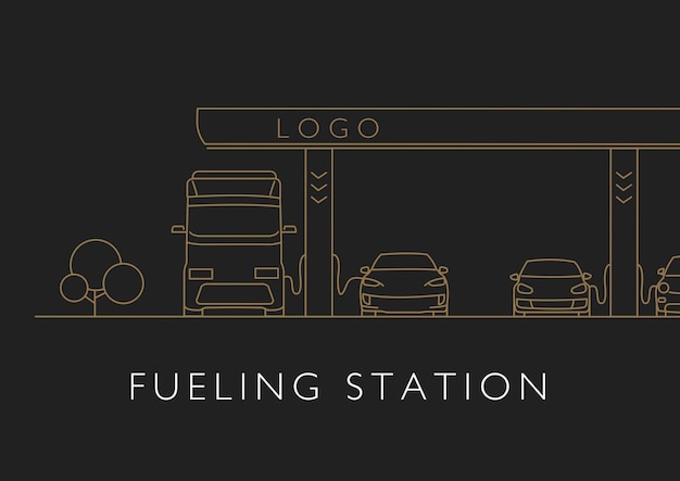 Refueling gas station with cars and trucks and vehicles linear graphic illustration for premium