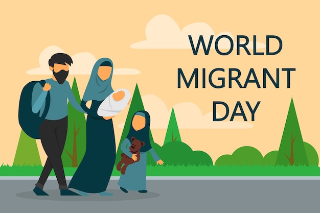 Refugee family walking on the road. World migrant day.