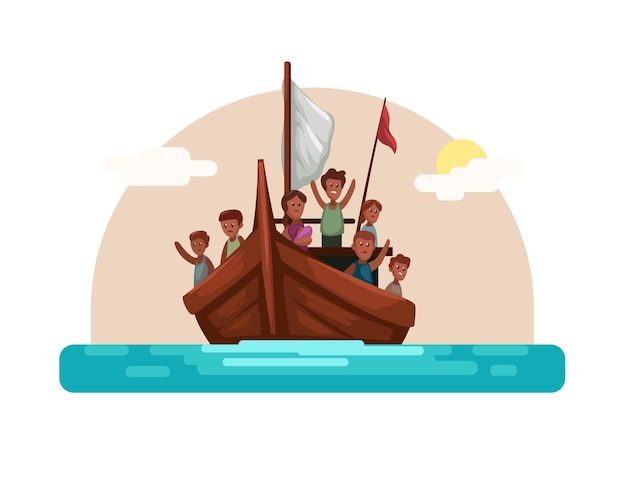 Vector refugee ship sailing on the sea cartoon illustration vector