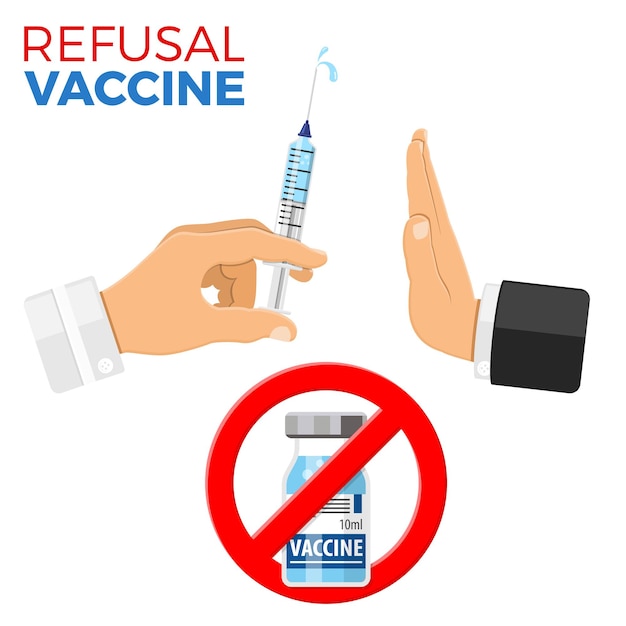 Refusal vaccination concept with sign stop syringe and vial vaccine