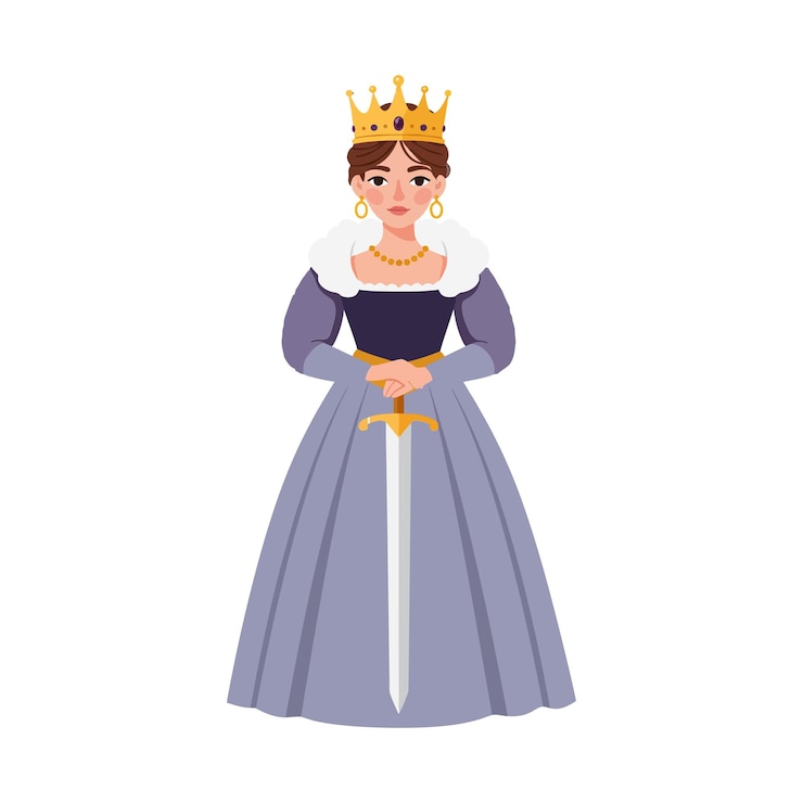 Vector 평평한 미니멀 디자인 스타일의 터 일러스트레이션으로 검을 들고 있는 황금 왕관과 함께 파란색 옷을 입은 왕실의 여왕