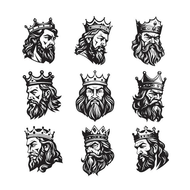 Царственные векторные портреты королей с коронами и бородами