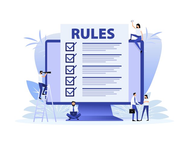 Vector regels checklist met vereisten principes en strategie vector illustratie
