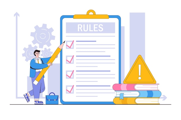 Regels en voorschriften werknemersbeleid en richtlijnen juridische term bedrijfsnaleving of wetten standaardprocedureconcepten zakenman studeren lijst met regels lezen begeleiding maken checklist